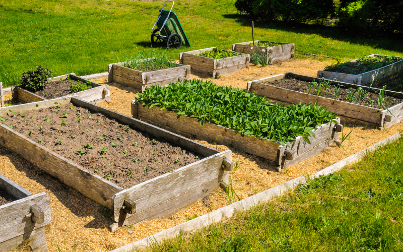 Raised sleeper flower beds