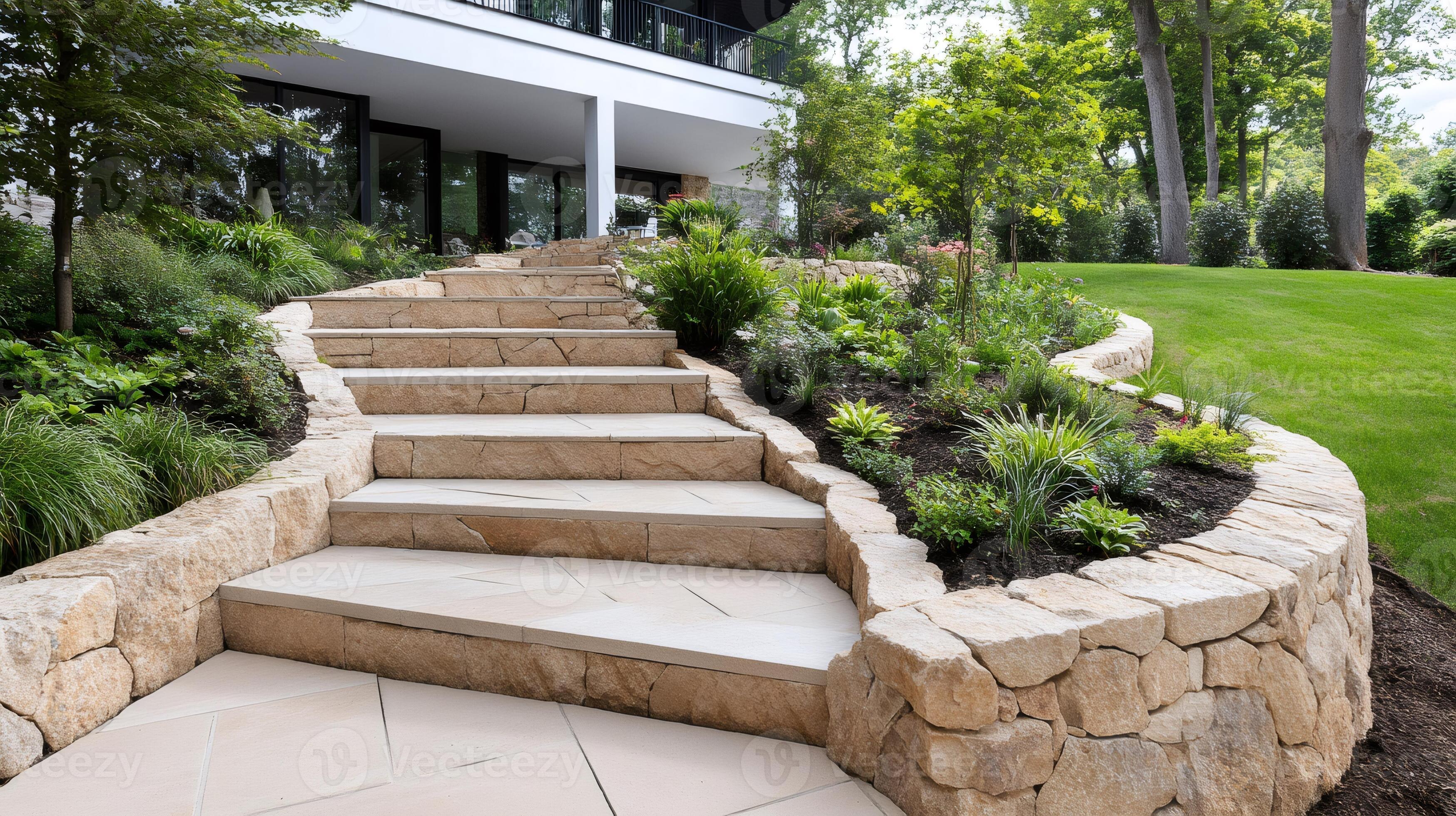 Completed stone steps and garden features